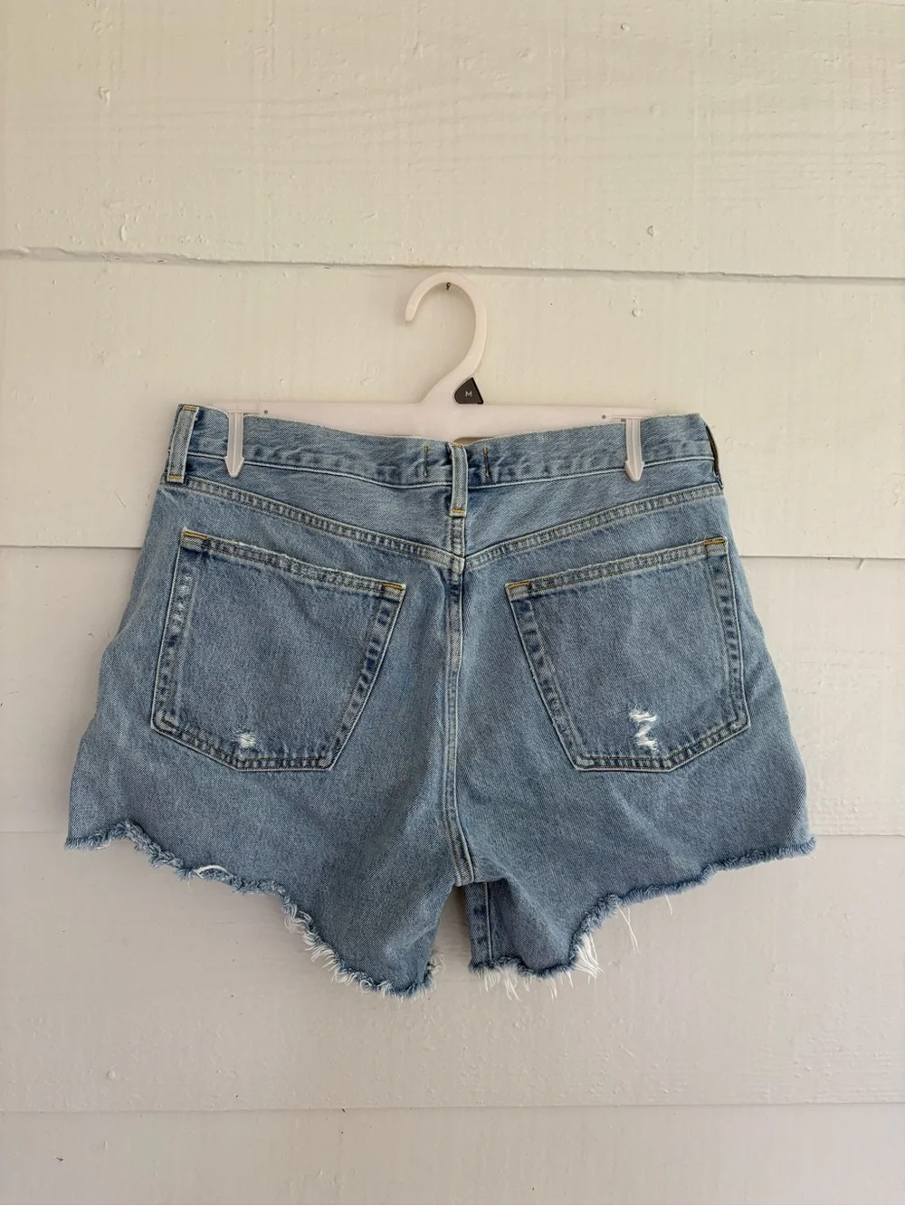 AGOLDE Parker Long Distressed Denim Shorts Size 30 Light Wash Raw Hem Cotton